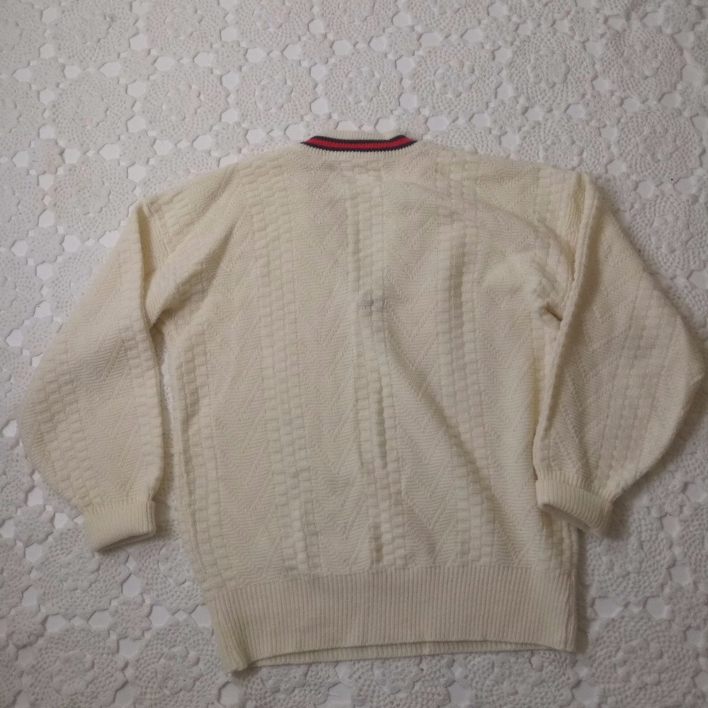 Vtg 80s 90s Large Ivory V Neck Preppy Tennis Pullover Sweater Red Blue Stripe - Picture 5 of 5